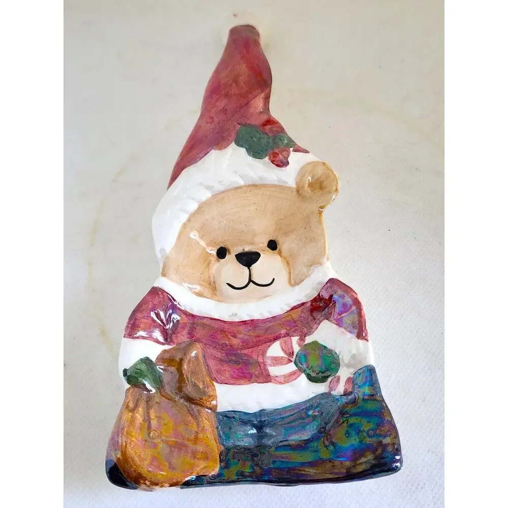 Vintage Christmas Teddy Bear Ceramic Spoon Rest Tea Bag Holder Santa Hat 9